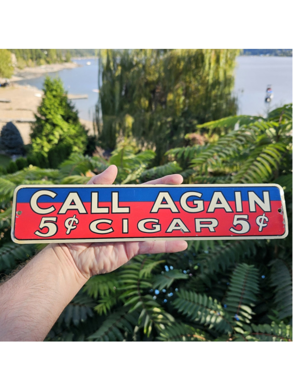 Vintage Call Again 5¢ Cigar Advertising Metal Sign Tobacco Store Display 13"